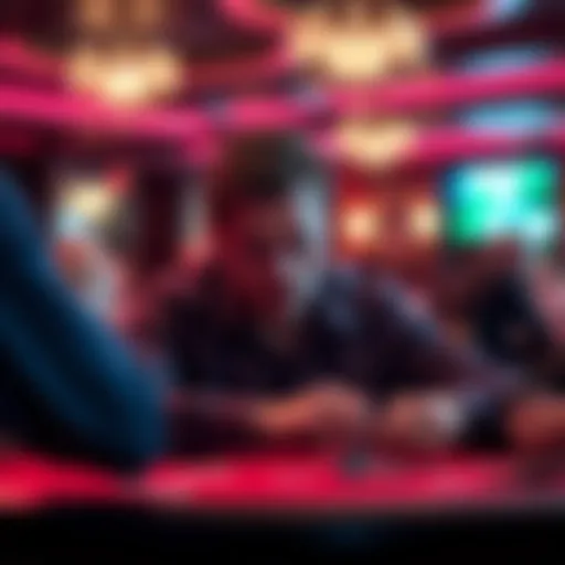 A person at a poker table looking anxious and blushing while playing cards with friends