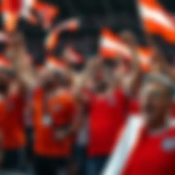 Enthusiastic Netherlands soccer fans wearing orange jerseys and waving flags, celebrating the team's potential World Cup victory.