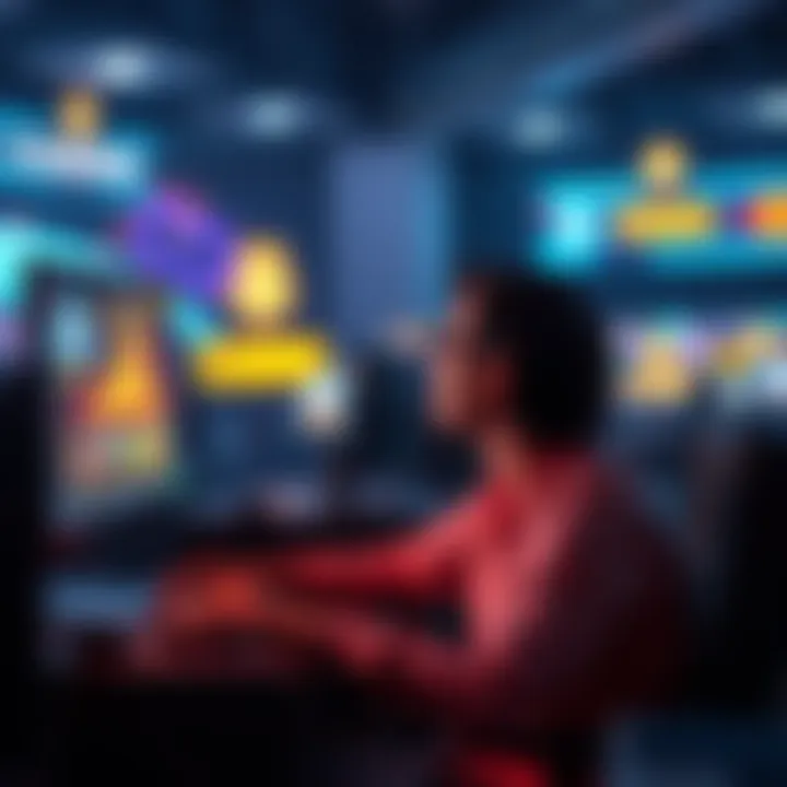 A person sitting at a computer, searching for the best online gambling sites with excitement and hope, with casino game icons visible on the screen.