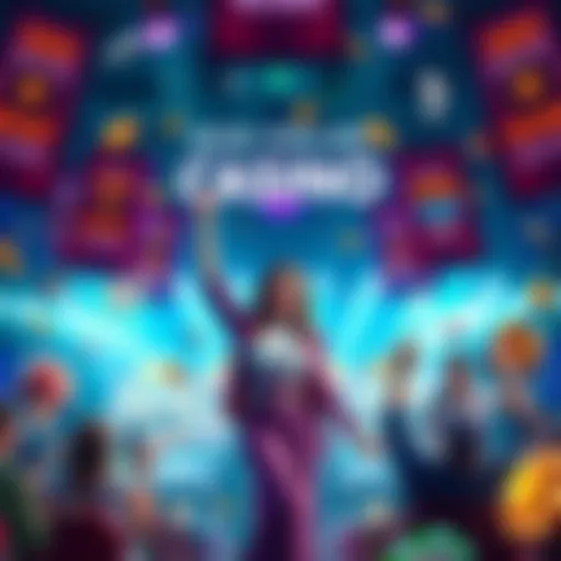 A vibrant online casino scene with colorful banners promoting huge bonuses and welcome offers, showcasing excited players and gaming activities.