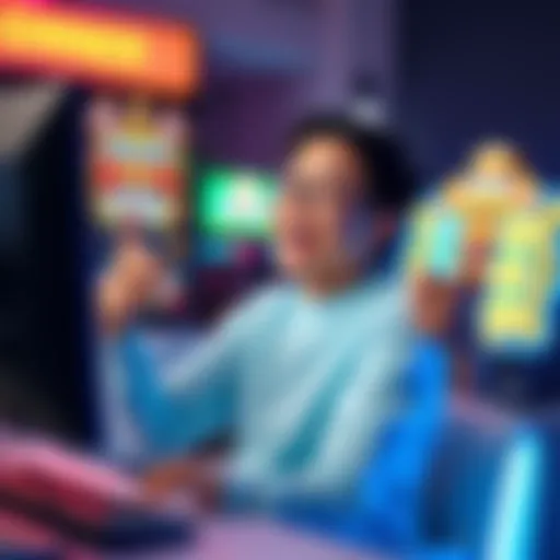 A happy person sits in front of a computer with gaming graphics on the screen, showing excitement after winning a bonus game. They celebrate with a fist pump and a smile, surrounded by colorful gaming...