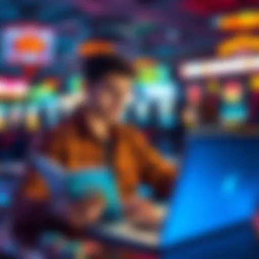 A new player at a gaming site learning about poker and slots with a guidebook and laptop