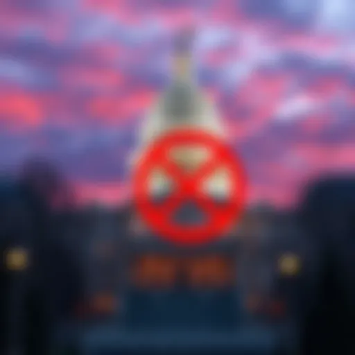 New York State Capitol building with a no gambling sign, symbolizing the ban on Global Poker to address addiction and fraud concerns.