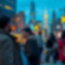 A group of New Yorkers engaging in conversation about local drops and deals, with city landmarks in the background.