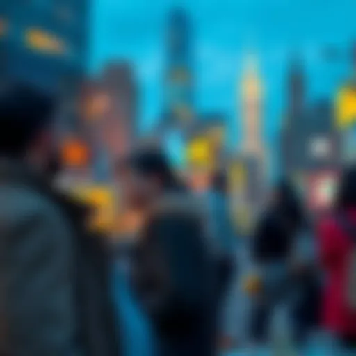 A group of New Yorkers engaging in conversation about local drops and deals, with city landmarks in the background.