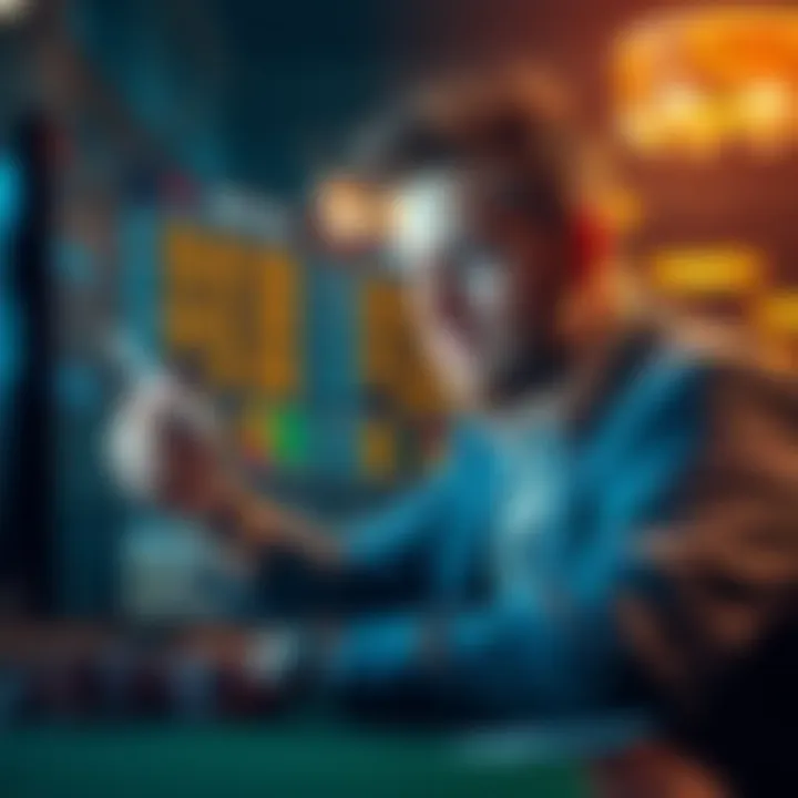 A person examining betting odds on a digital screen with a thoughtful expression, surrounded by poker chips and playing cards.