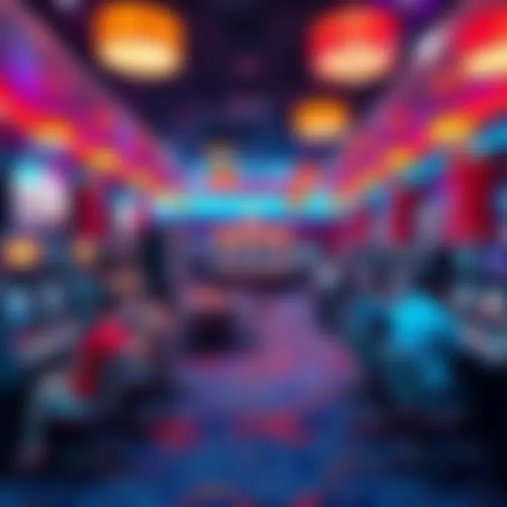 A vibrant casino floor filled with players at slot machines and card tables, colorful lights and excitement in the air.