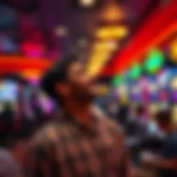 A person looks around in excitement at a new casino, taking in the bright lights and lively atmosphere with slot machines and people playing games.