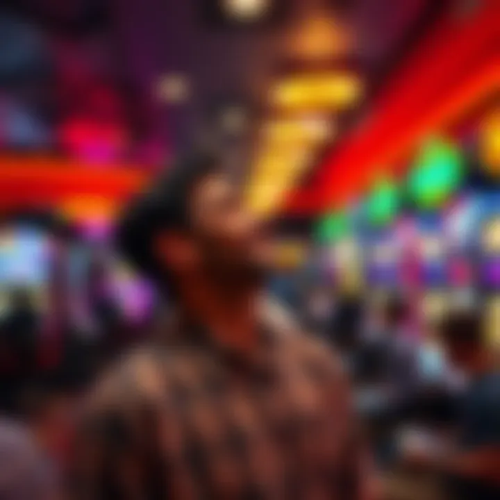 A person looks around in excitement at a new casino, taking in the bright lights and lively atmosphere with slot machines and people playing games.