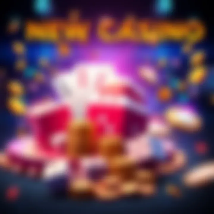 A vibrant and engaging graphic showcasing a new crypto casino with symbols of gaming like dice and coins, highlighting features like high RTP and rakeback.