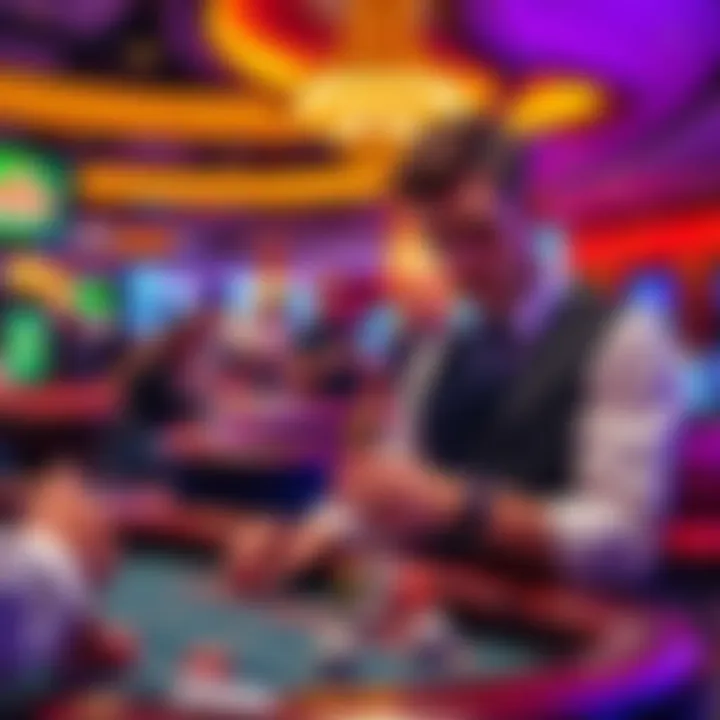 A new dice dealer stands at a casino table, focusing on the dice and the crowd, aiming to improve their skills. They have a serious expression, surrounded by players placing bets and a vibrant casino ...