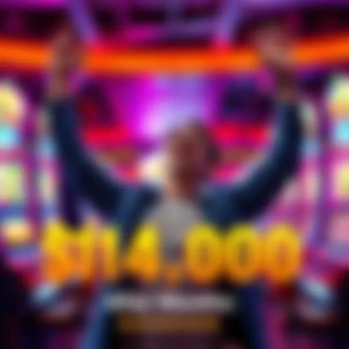 A person joyfully celebrating after winning a $14,000 jackpot at a casino, with colorful slot machines in the background.