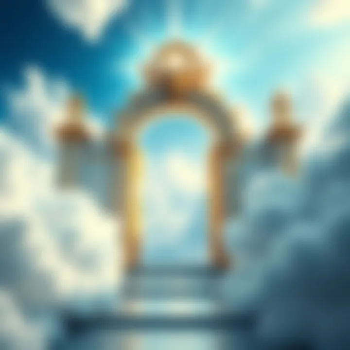 A bright and inviting entrance with golden gates surrounded by clouds and light, symbolizing the afterlife