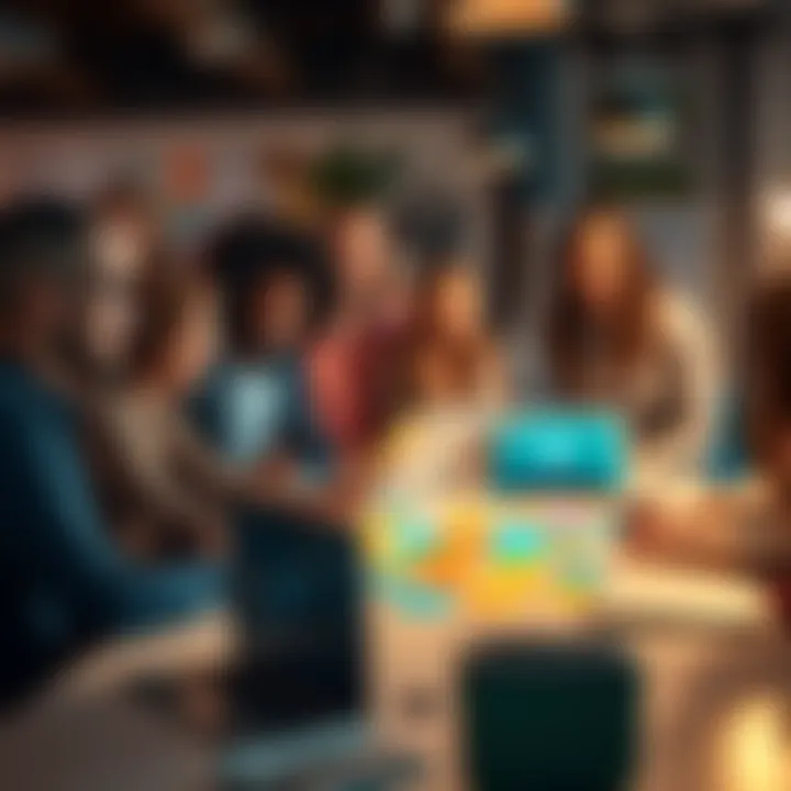 A group of diverse people brainstorming around a table with colorful sticky notes and laptops, sharing innovative ideas for future success.