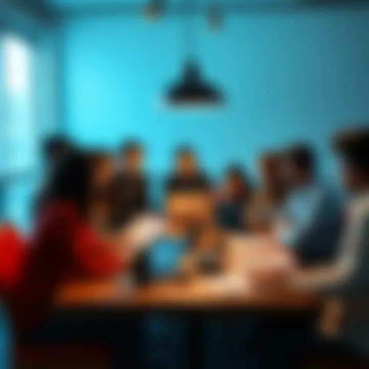 A group of diverse people brainstorming around a table with papers and laptops, discussing new ideas for improvement.