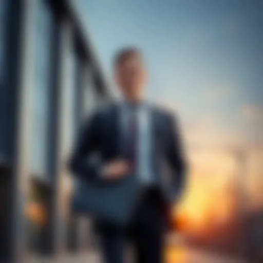 A person wearing a suit is holding a briefcase, looking optimistic as they stand in front of a modern office building, ready to start their new job.