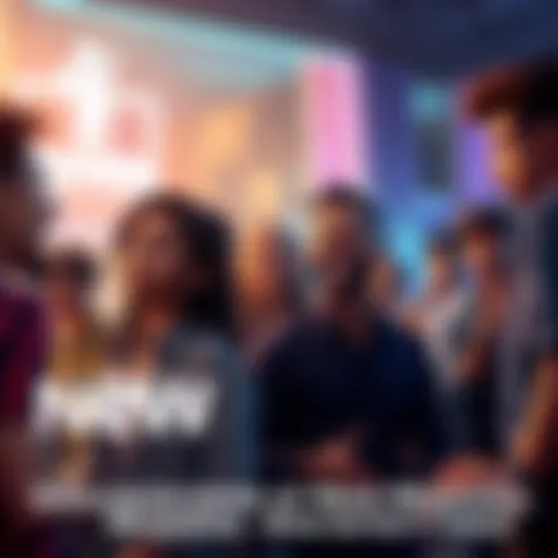 A group of people discussing exclusive missions in a lively setting, some excited while others look intrigued.