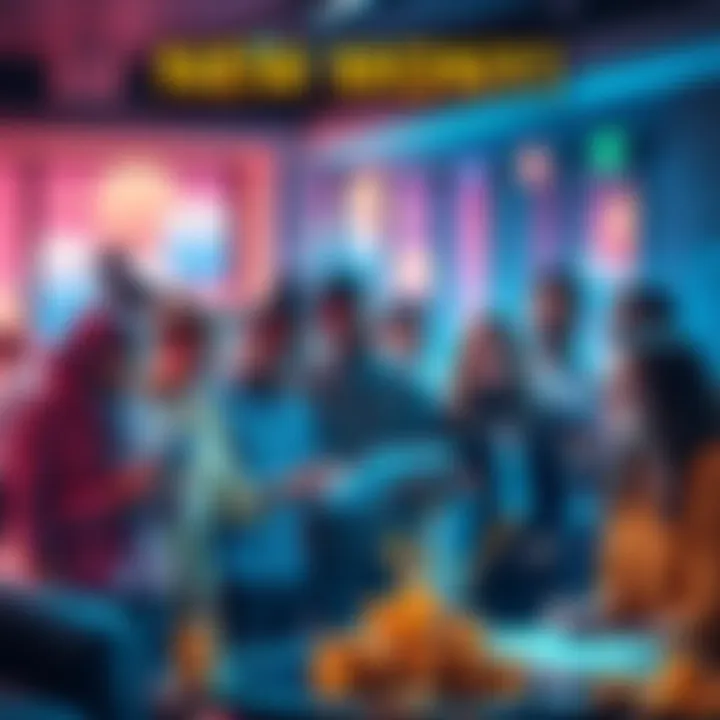 New Money Concept A diverse group of people interacting with digital currency technology in a modern setting, showing enthusiasm and curiosity about new financial systems.