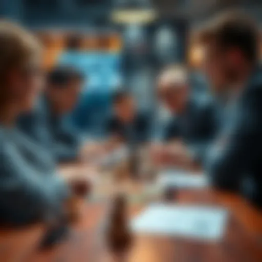A group of people discussing new play strategies at a table with game pieces and notes.