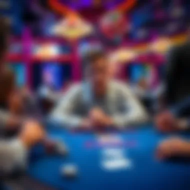 A first-time player looking nervous while playing blackjack at a real casino table, surrounded by other players, with cards and chips on the table.