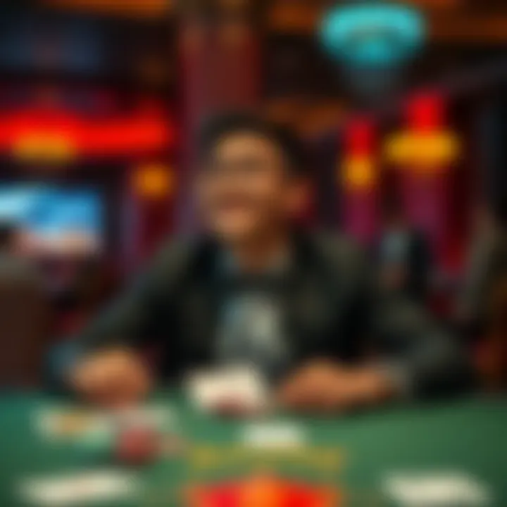 A new player looks excited while sitting at a casino table with cards and chips in front of them.