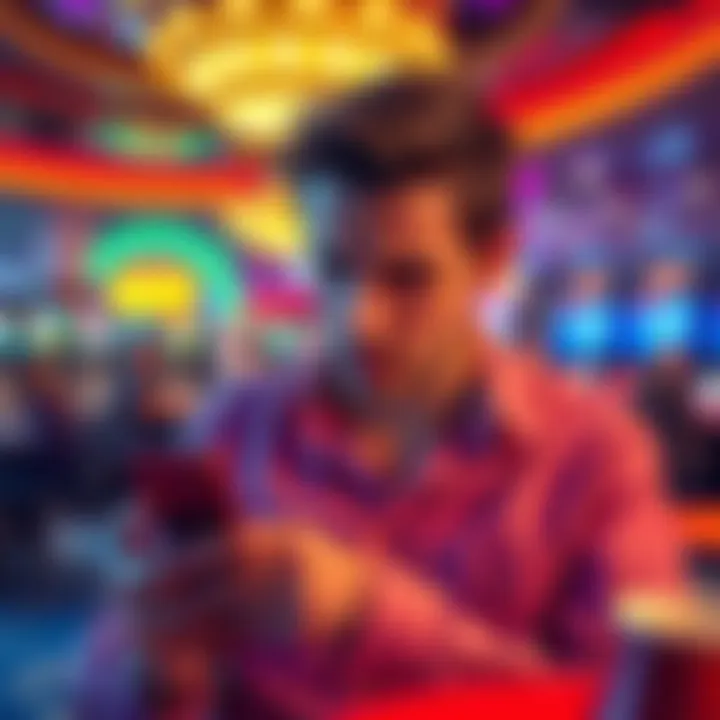 A new casino account holder looks worried while reading about high wagering requirements on their phone, with a casino background and gaming elements visible