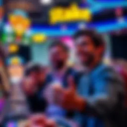 A happy new player celebrating their wins at an online casino, with colorful game graphics in the background.