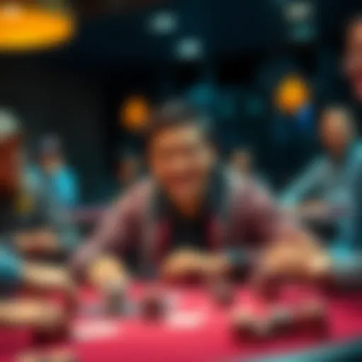 A new poker player smiles at a low-stakes table, surrounded by experienced players, creating a friendly atmosphere.