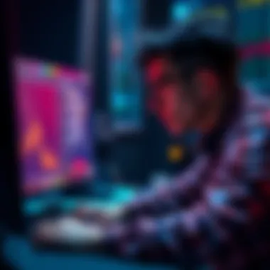 A new poker player looking at their statistics on a computer screen, pondering their performance after playing 5000 hands online.