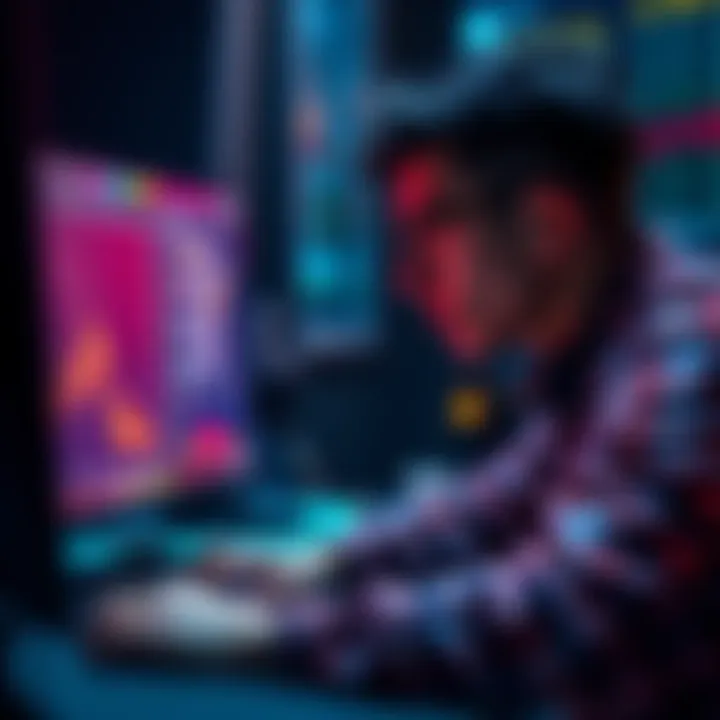 A new poker player looking at their statistics on a computer screen, pondering their performance after playing 5000 hands online.