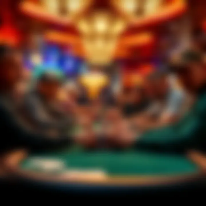 A group of new poker players at a table in a Las Vegas poker room, focusing on their cards and chips, with bright lights and excitement in the background.