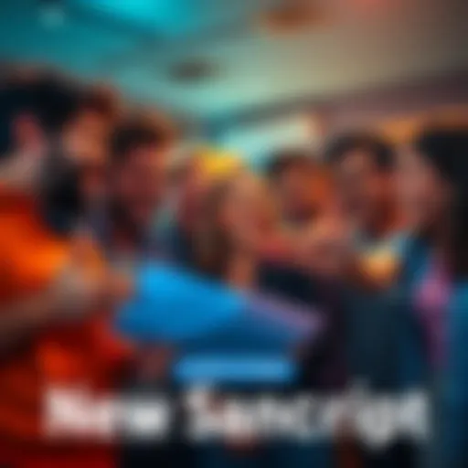 A group of excited fans discussing a new script release with smiles and enthusiasm.