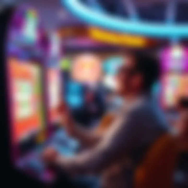 A new slots player excitedly watching the spinning reels on a digital slot machine, surrounded by colorful graphics and symbols while maintaining a responsible gaming attitude.