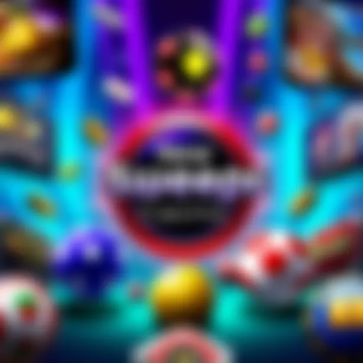 A vibrant graphic showcasing the New Sweeps Casino logo with casino games icons around it, emphasizing high RTP rates for Hacksaw and Pragmatic games.