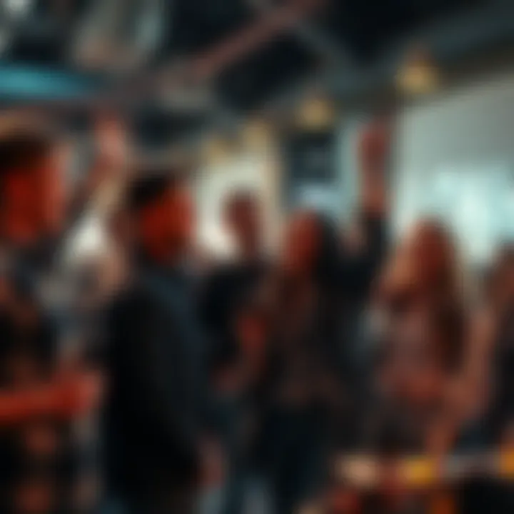 A group of people excitedly discussing a new trend in a lively setting, showcasing their enthusiasm and curiosity.