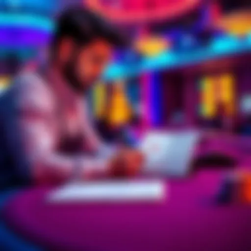 A person looking at a poker table with a notebook, planning a budget for their trip to Vegas during EVO