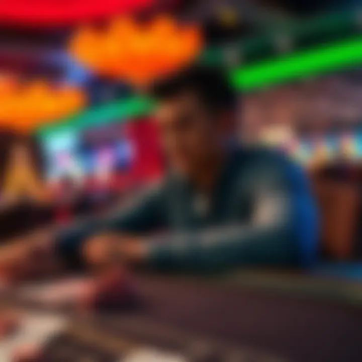 Newbie at Casino Tournament A beginner sitting at a casino table, focused on a tournament with chips and cards in front of them.