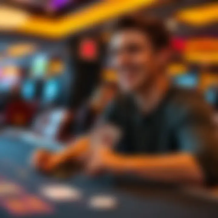 A young adult sitting at a blackjack table in a Minnesota casino, looking excited and focused while holding playing cards and chips.