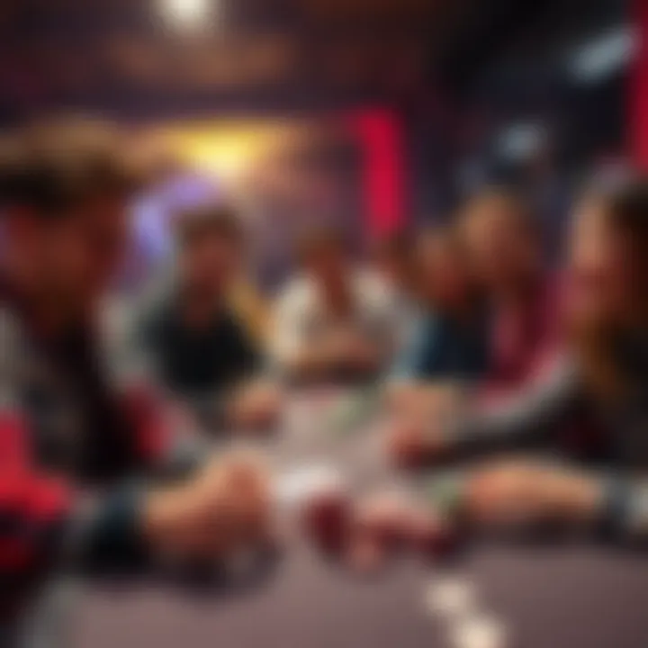 A group of friends laughing and playing poker at a table with cards and chips, showcasing a friendly tournament atmosphere.