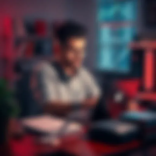 A person sitting at a desk with a laptop, looking curious while browsing forums for computer advice, surrounded by books and notes.