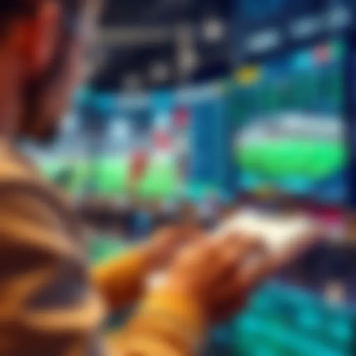 A person studying sports betting strategies with a notepad and sports events on a screen