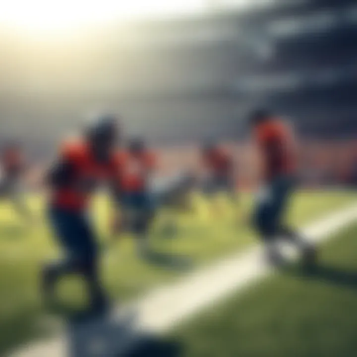 NFL Player Props and Touchdown Picks A football field with players from the Broncos and Raiders preparing for a game, showcasing action and excitement.