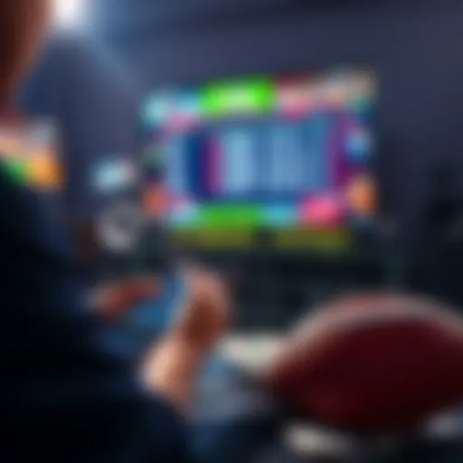 A person looking at betting odds on a mobile device while watching an NFL game on TV, with a football and cash beside them