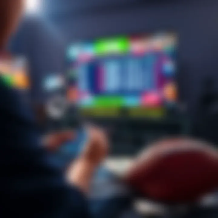 A person looking at betting odds on a mobile device while watching an NFL game on TV, with a football and cash beside them