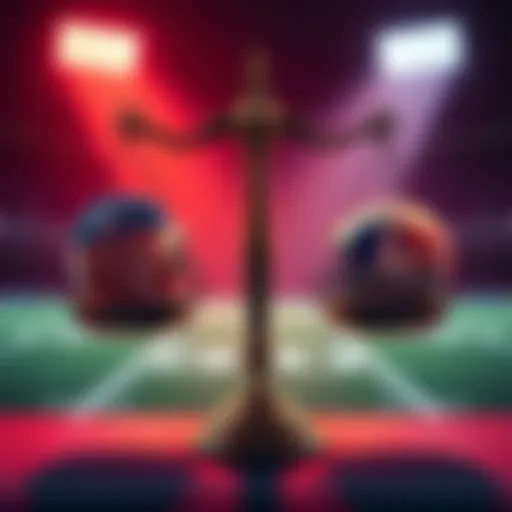 A person weighing options between NFL and MLB betting on a scale, with NFL on one side and MLB on the other, highlighting risks and rewards.
