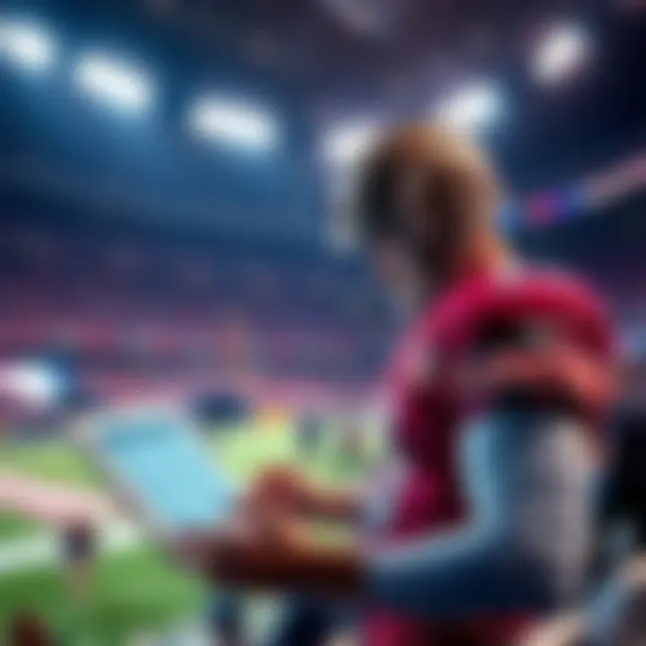 NFL Betting Insights A football player studying stats on a tablet with betting odds displayed, surrounded by fans in a stadium
