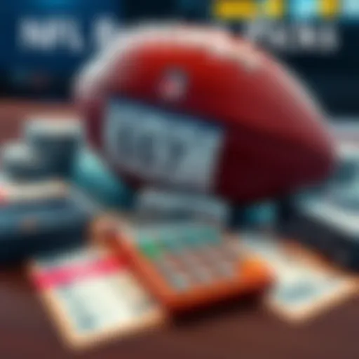 A football with betting odds and a calculator on a table, surrounded by game tickets