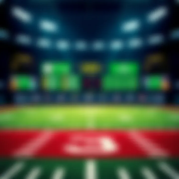 A football field with a scoreboard showing teams and odds, highlighting NFL betting activity.