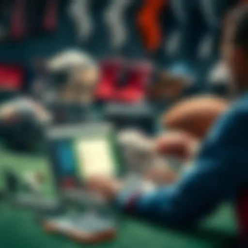 A person analyzing NFL betting picks on a laptop with football gear in the background