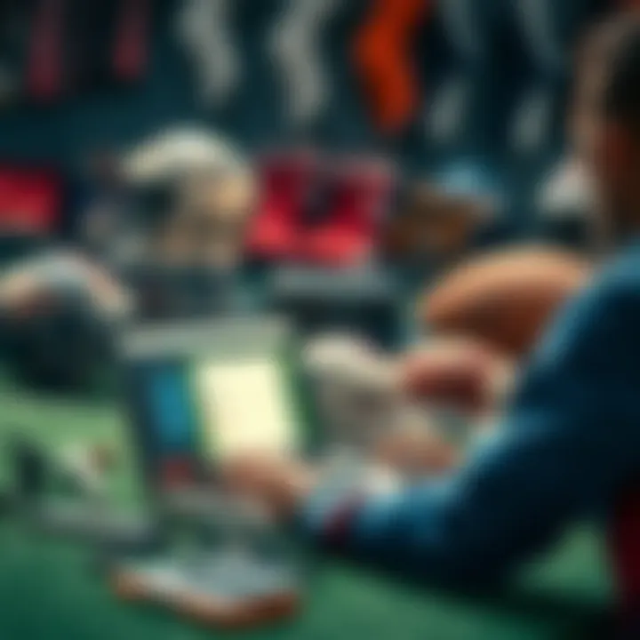 A person analyzing NFL betting picks on a laptop with football gear in the background